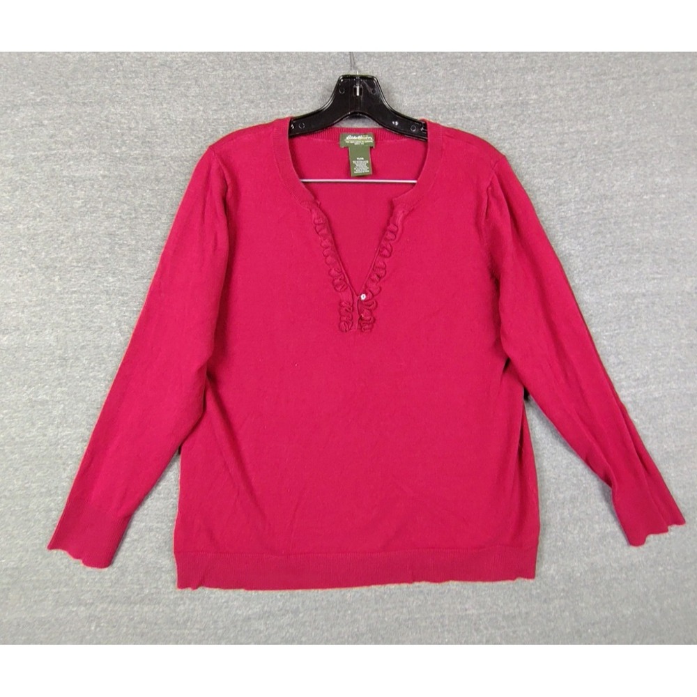Eddie Bauer Womens Sweater‎ XL Red Pullover Ruffle Neck Academia Career Casual